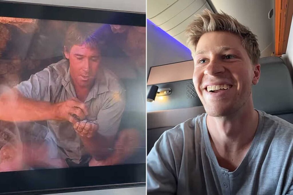 Robert Irwin se sonríe al ver la película "Crocodile Hunter" de su papá Steve Irwin en un avión: 'Selección de película en vuelo es de élite'